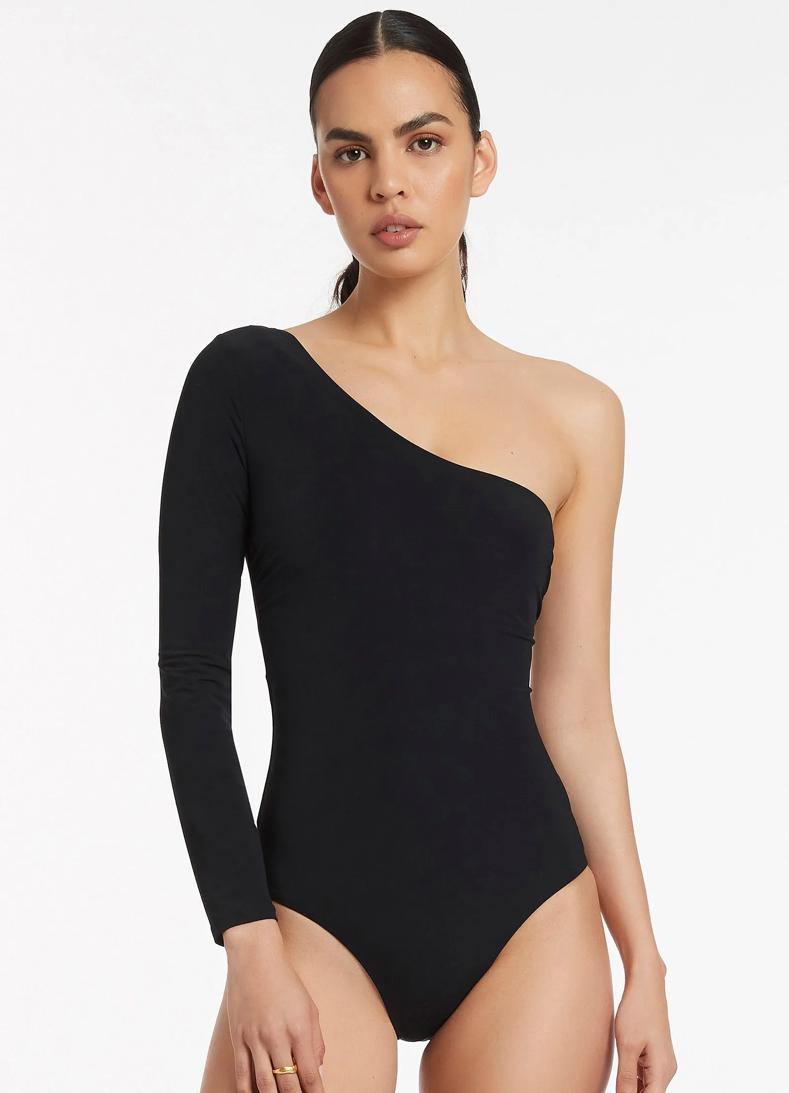 Jetset One Shoulder Long Sleeve One Piece - Black