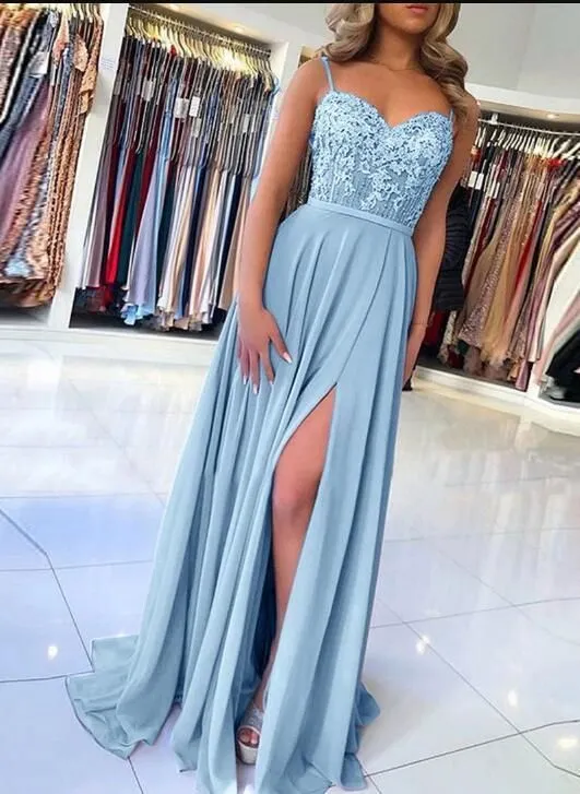 Light Blue Prom Dress with Slit, Evening Dress ,Winter Formal Dress, Pageant Dance Dresses, Graduation School Party Gown, PC0187