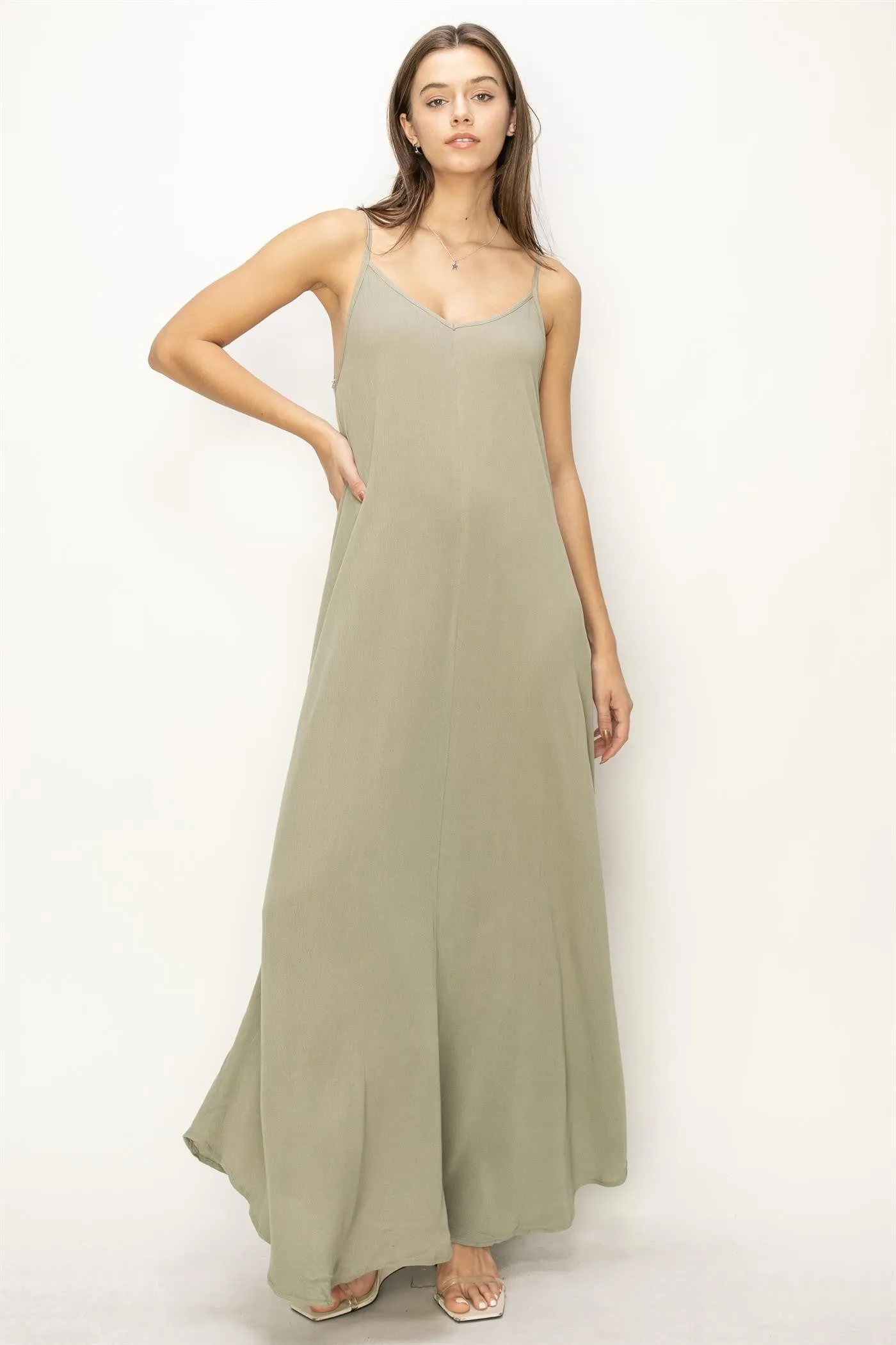 Light Olive Lightweight Sleeveless V-Neck Maxi Dress