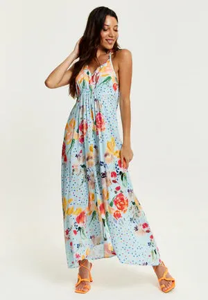 Liquorish Blue Floral Print Midi Asymmetrical Dress