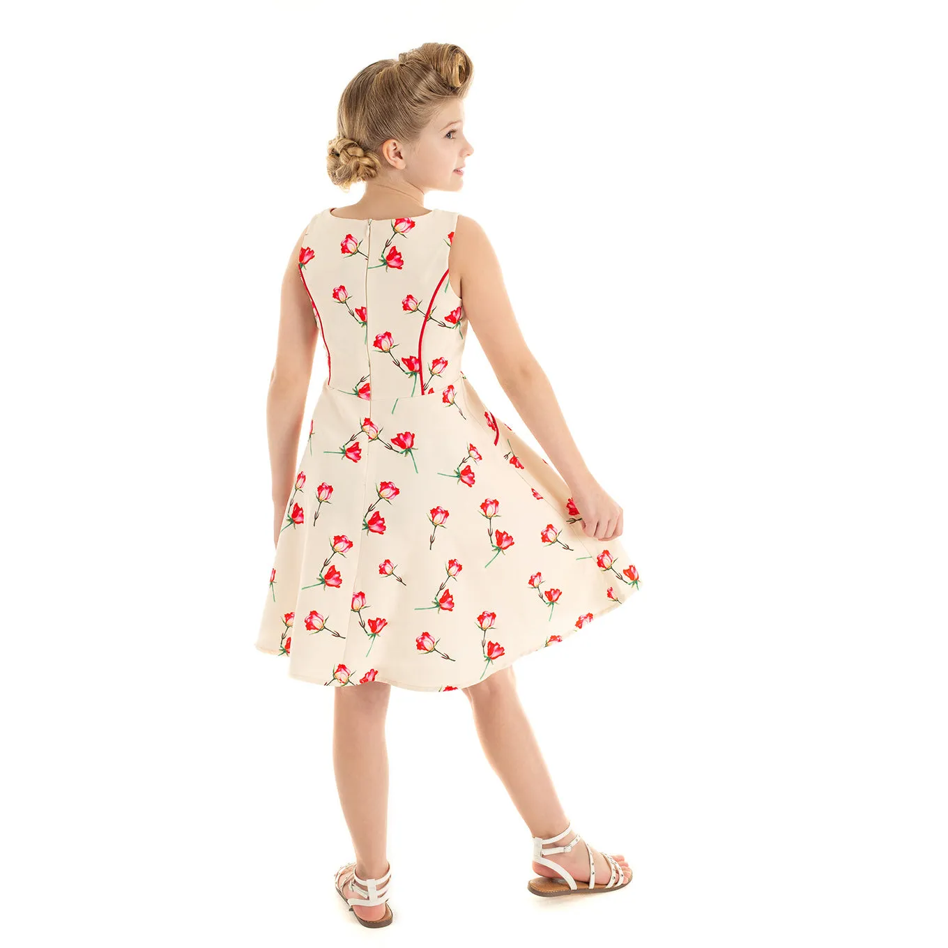 Charming Off-White Floral Print Party Dress for Little Girls with Red Rose Accents