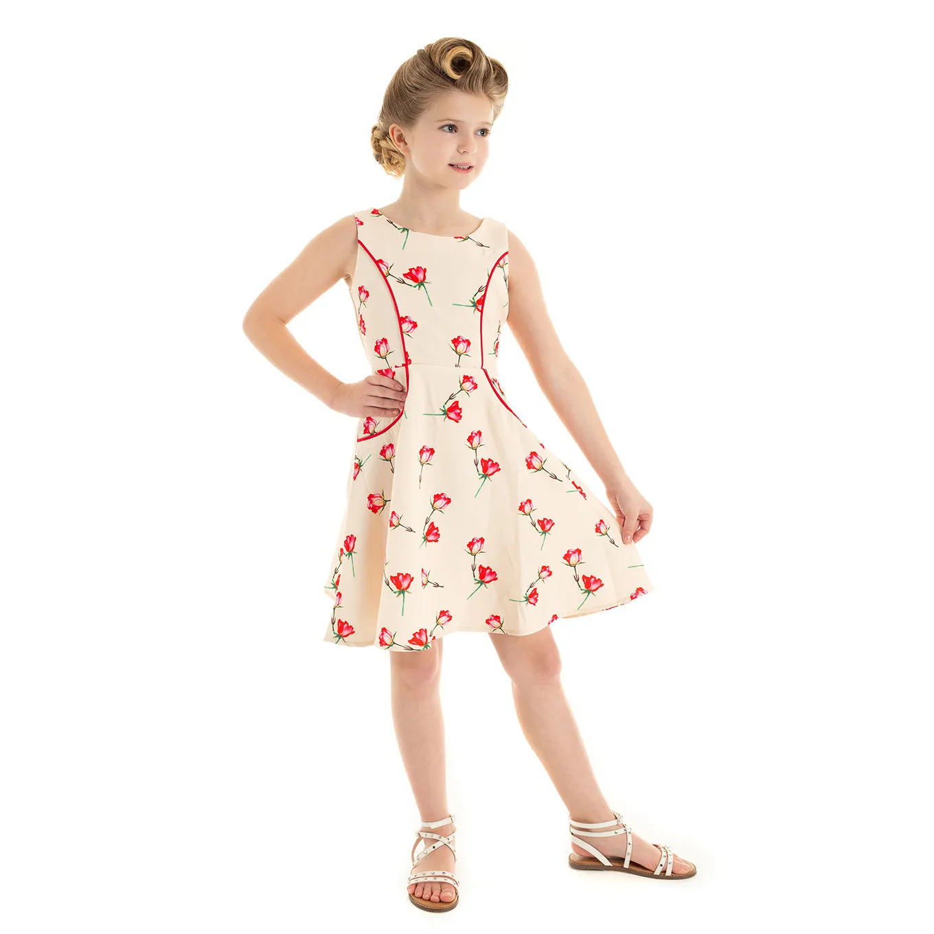 Charming Off-White Floral Print Party Dress for Little Girls with Red Rose Accents