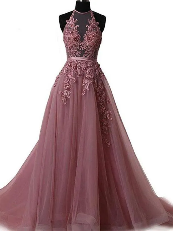 Long Prom Dress Halter Brush Train Simple Lace Prom Dress/Evening Dress #ER002