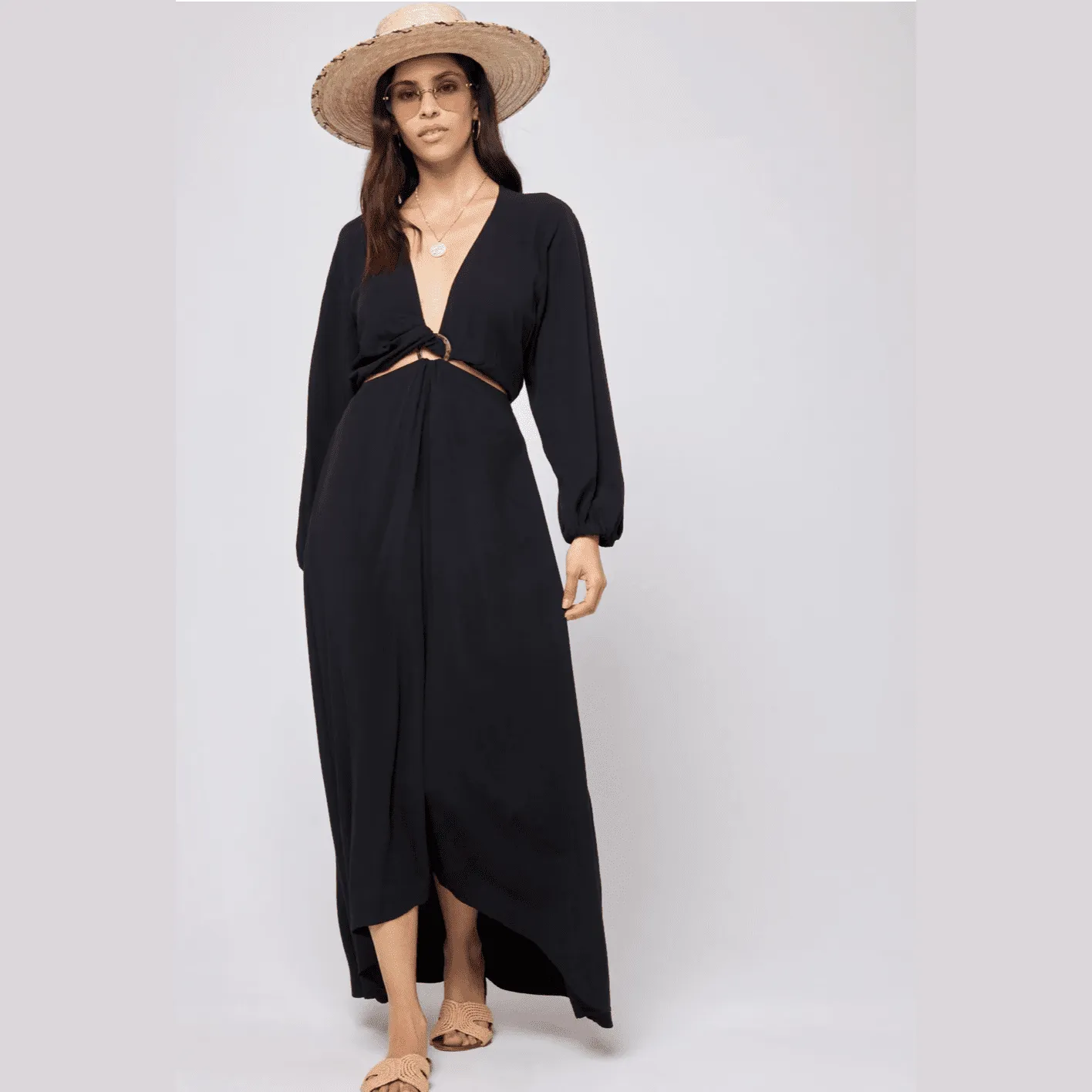 L*SPACE COLETTE Black Elastic Cuffs Hi-Low Hem Maxi Dress