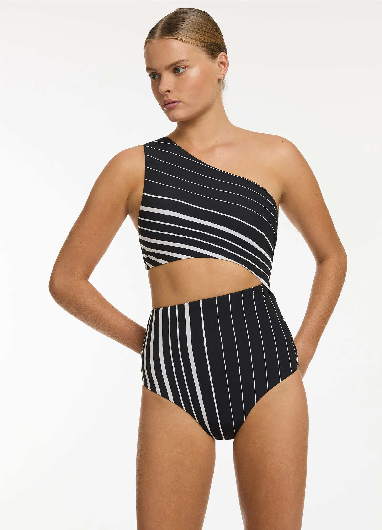 Lunar Stripe One Shoulder Cut Out One Piece - Black/Chalk