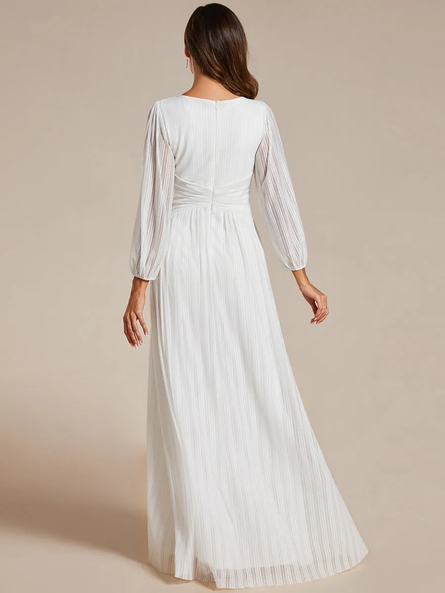 Maxi Long Chiffon Waist V Neck Wedding Dress with Long Sleeves