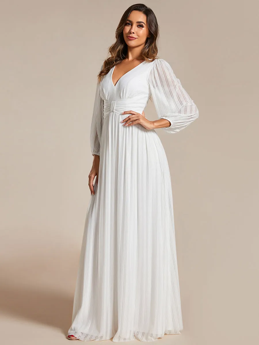 Maxi Long Chiffon Waist V Neck Wedding Dress with Long Sleeves