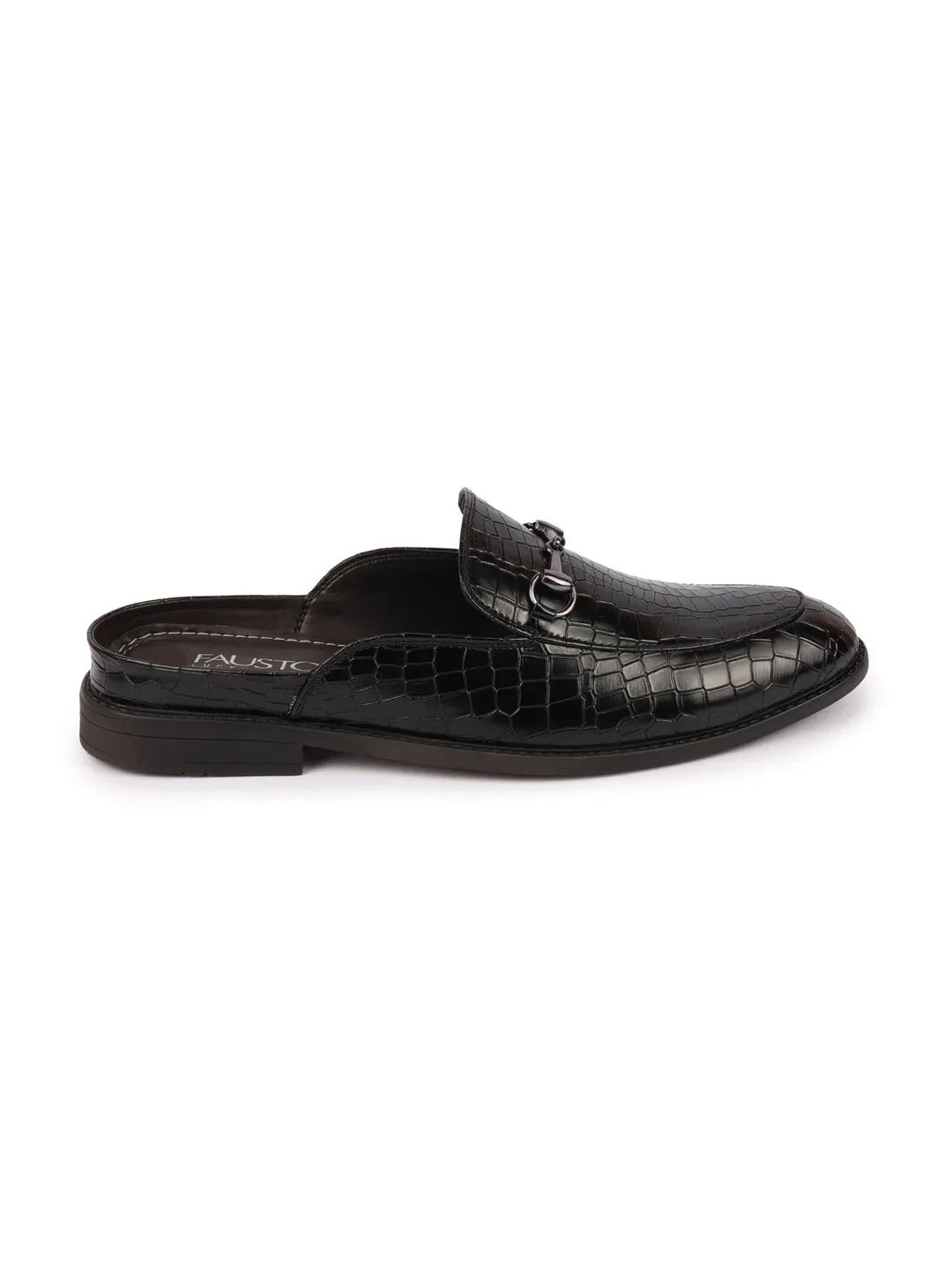 Men Black Embossed Leopard Print Design with Horsebit Buckle Ethnic Party Back Open Slip On Mules Shoes