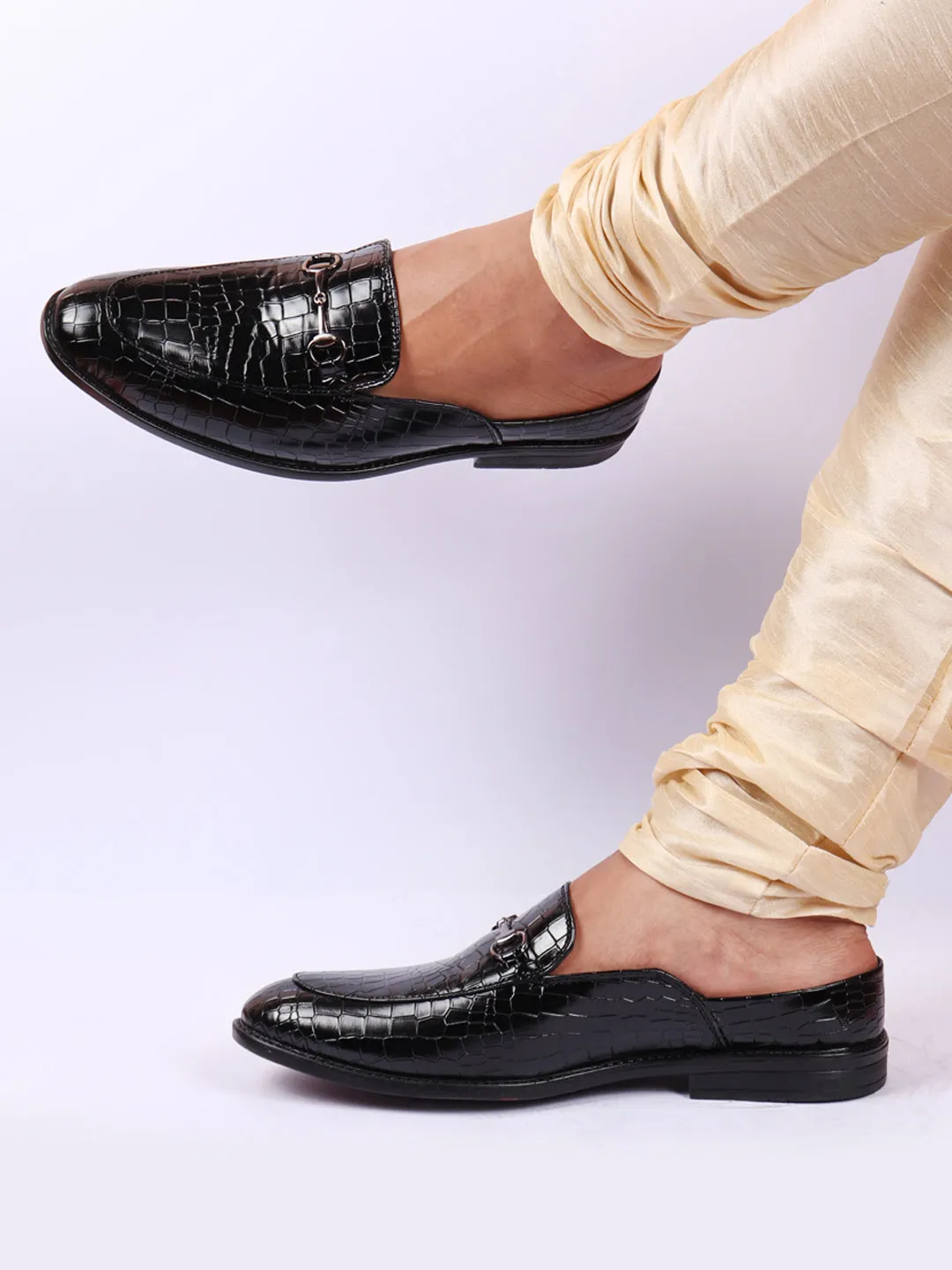 Men Black Embossed Leopard Print Design with Horsebit Buckle Ethnic Party Back Open Slip On Mules Shoes