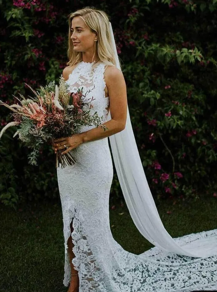 Mermaid Boho Lace Bridal Gown with Slit Backless Wedding Dresses ER2143