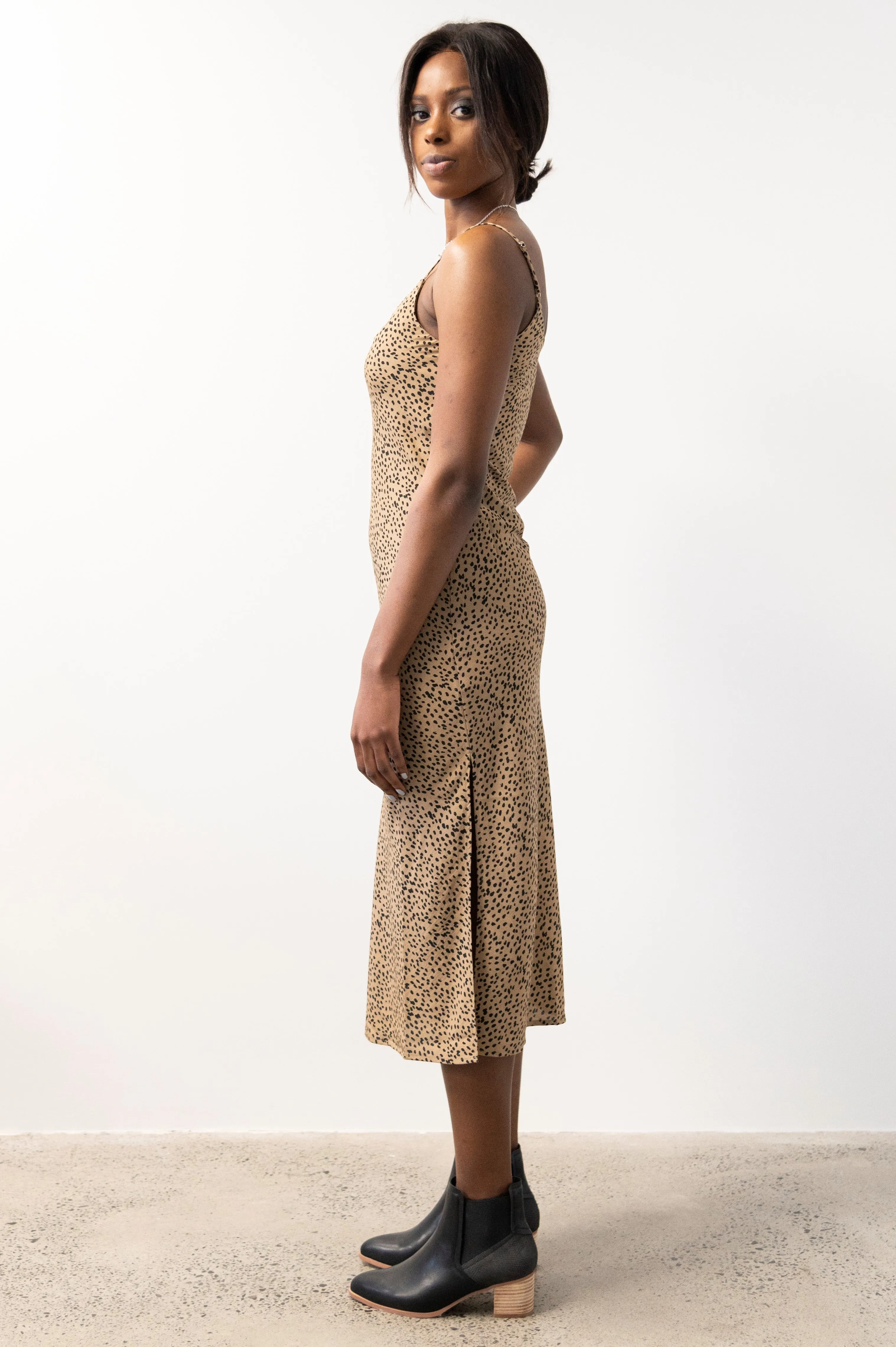 Moonlight Tan Animal V Neck Bias Slip Midi Dress