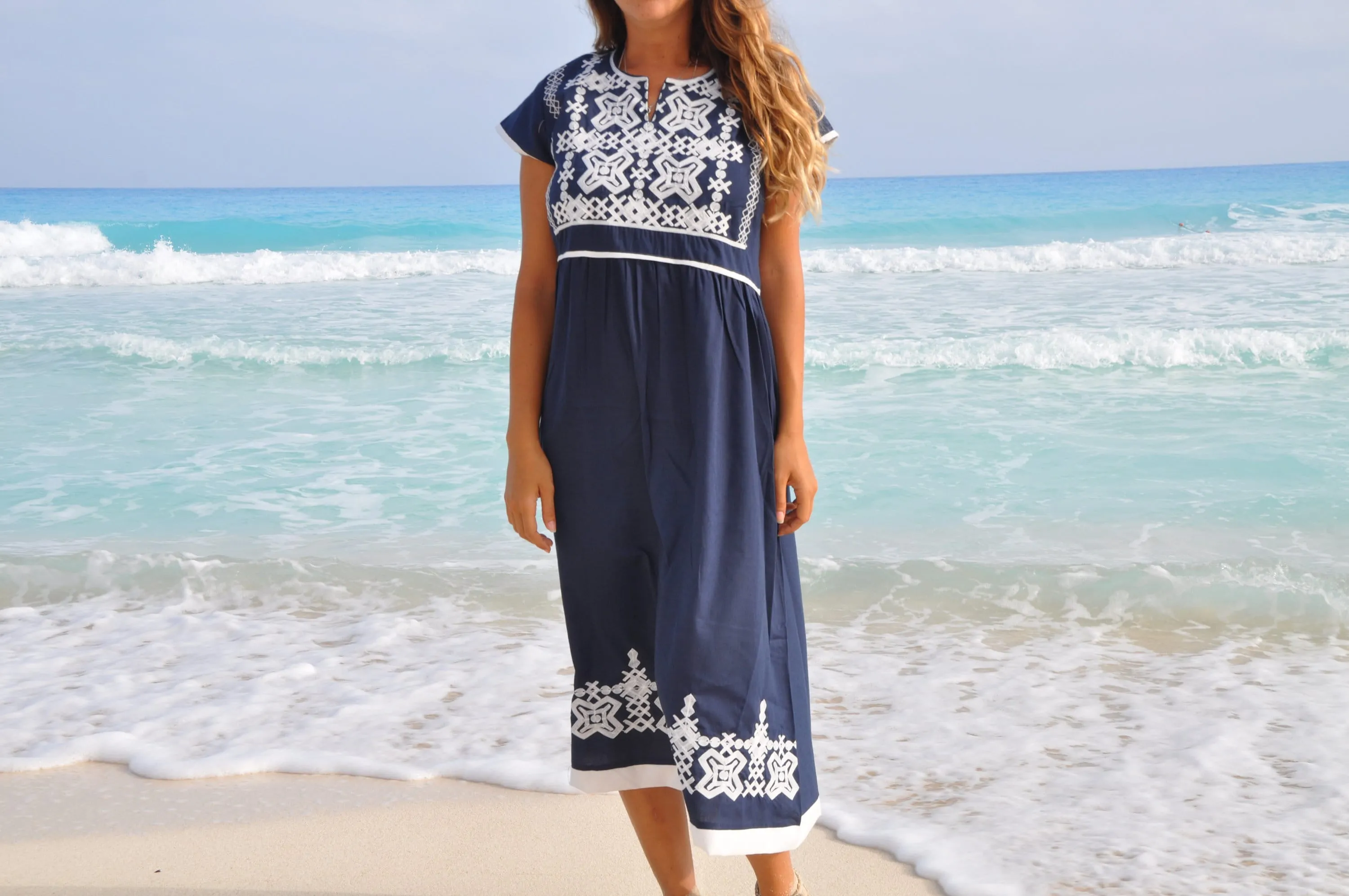 Navy Blue Tunic embroidered dress, Bohemian embroidery tunic, Egyptian cotton. Summer, beach, resorts, Gypsy dress.