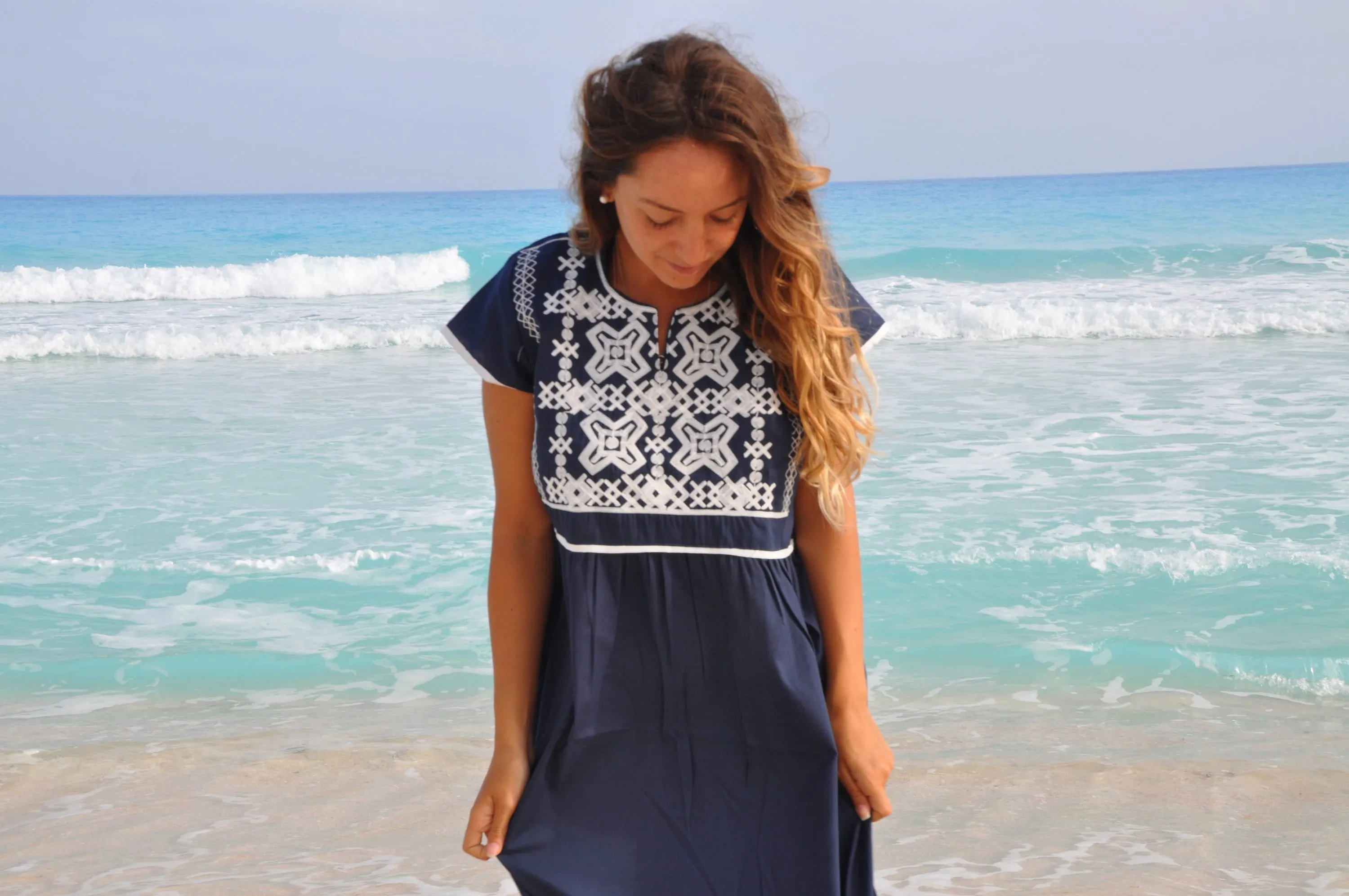 Navy Blue Tunic embroidered dress, Bohemian embroidery tunic, Egyptian cotton. Summer, beach, resorts, Gypsy dress.