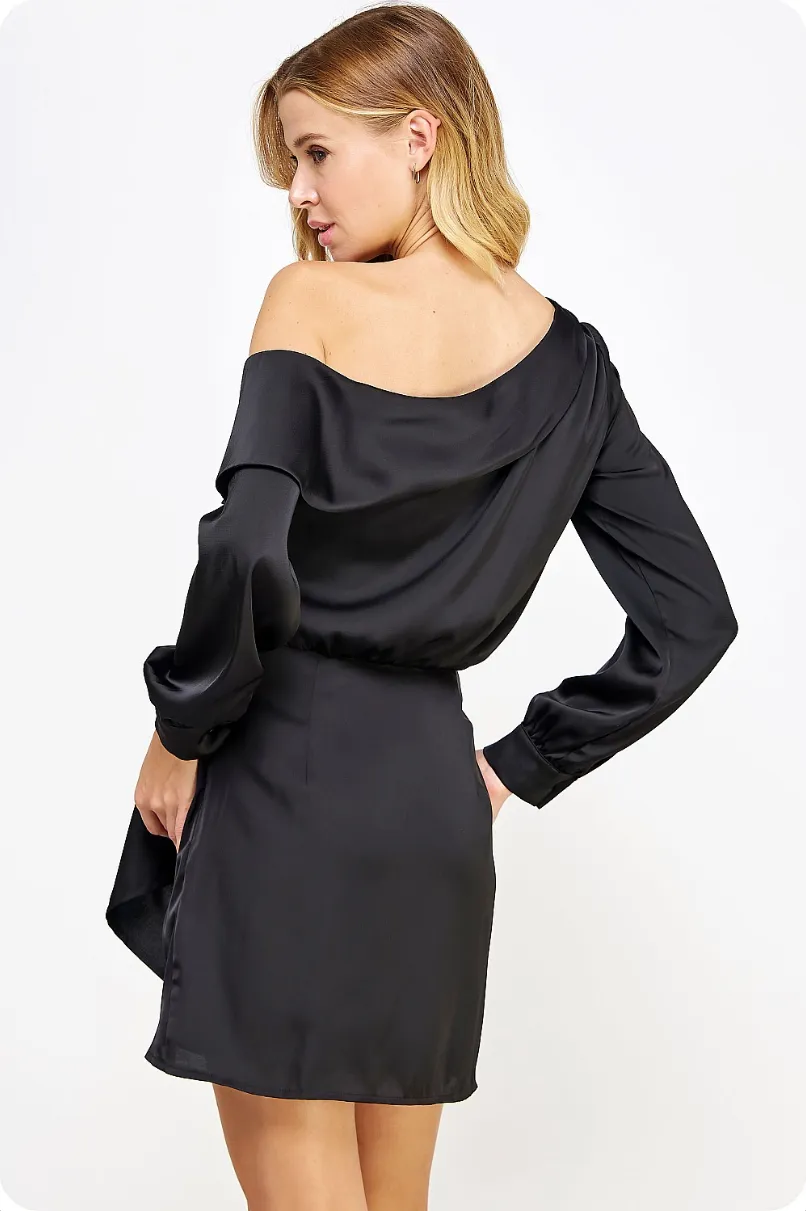 One Shoulder Draped Satin Mini Dress