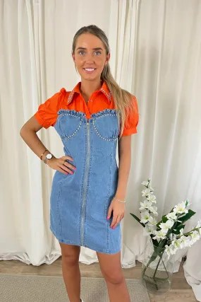 Orange Denim Diamante Dress