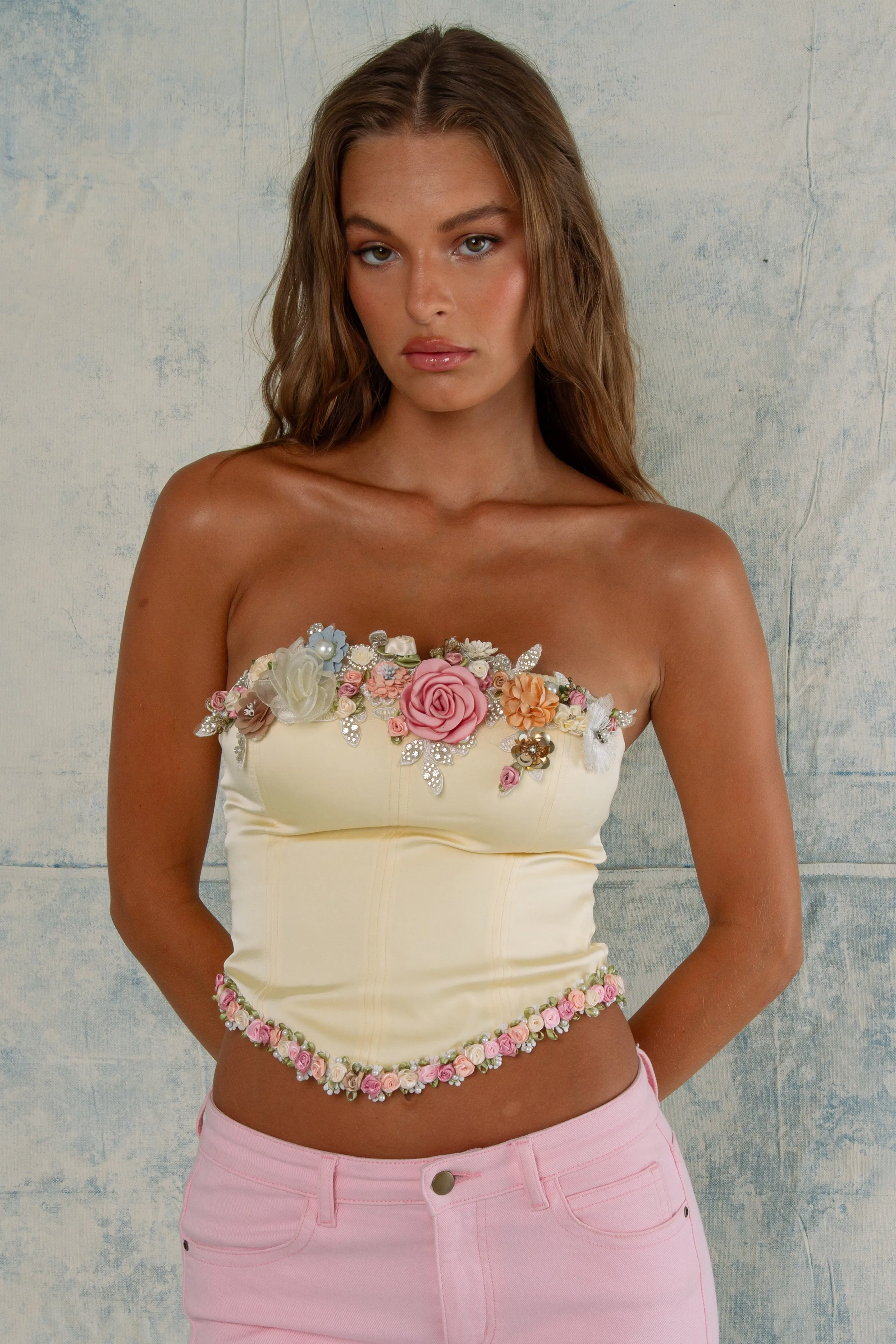 Lemon Bustier with Peaches and Pearls