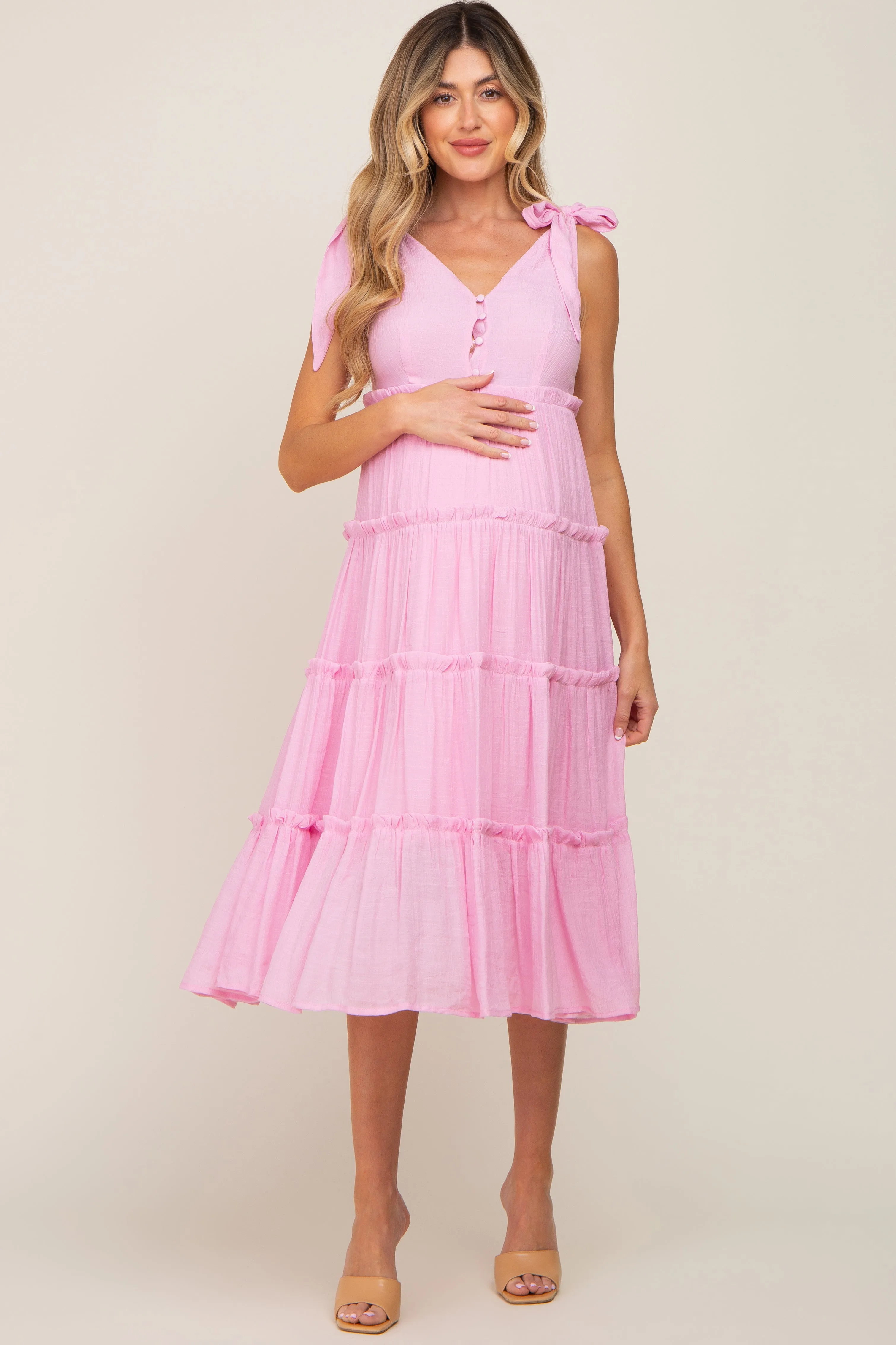 Pink Linen Button Front Shoulder Tie Tiered Maternity Midi Dress