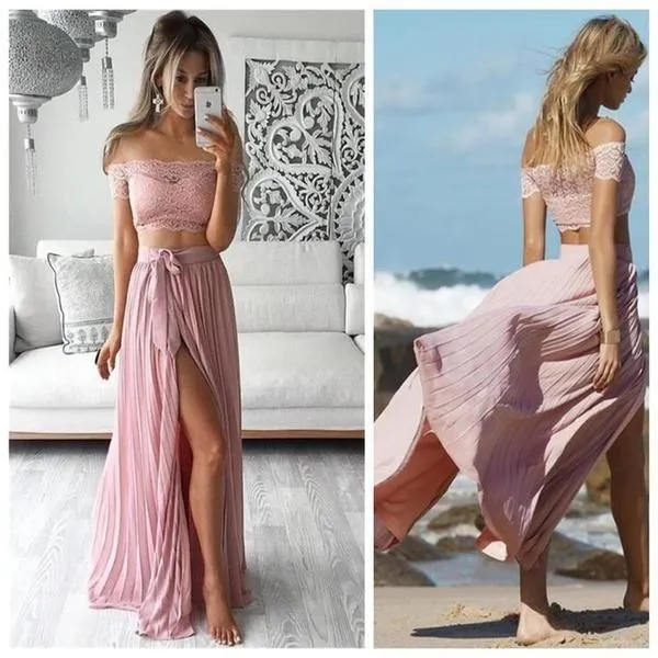 Pink Two Piece Prom Dress Lace Chiffon Off The Shoulder Prom Dress #ER294