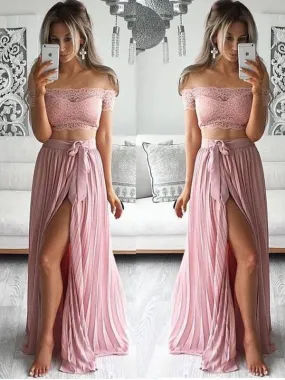 Pink Two Piece Prom Dress Lace Chiffon Off The Shoulder Prom Dress #ER294