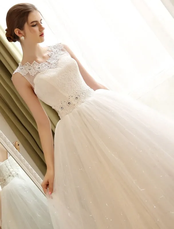 Princess Ball Gown Wedding Dresses Lace Applique Backless Beaded Sash Sequin Floor Length Ivory Bridal Dress