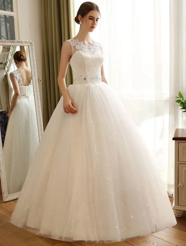 Princess Ball Gown Wedding Dresses Lace Applique Backless Beaded Sash Sequin Floor Length Ivory Bridal Dress