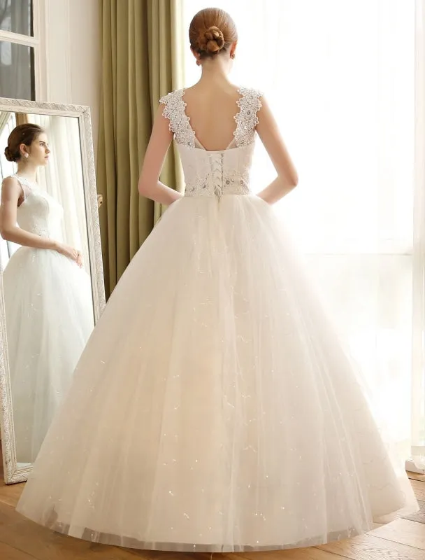 Princess Ball Gown Wedding Dresses Lace Applique Backless Beaded Sash Sequin Floor Length Ivory Bridal Dress