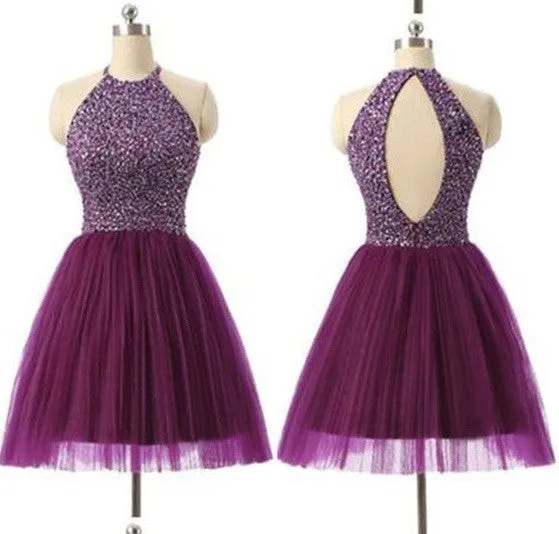 Purple Halter A-line Scoop Beaded Sleeveless Backless Short Homecoming Dresses