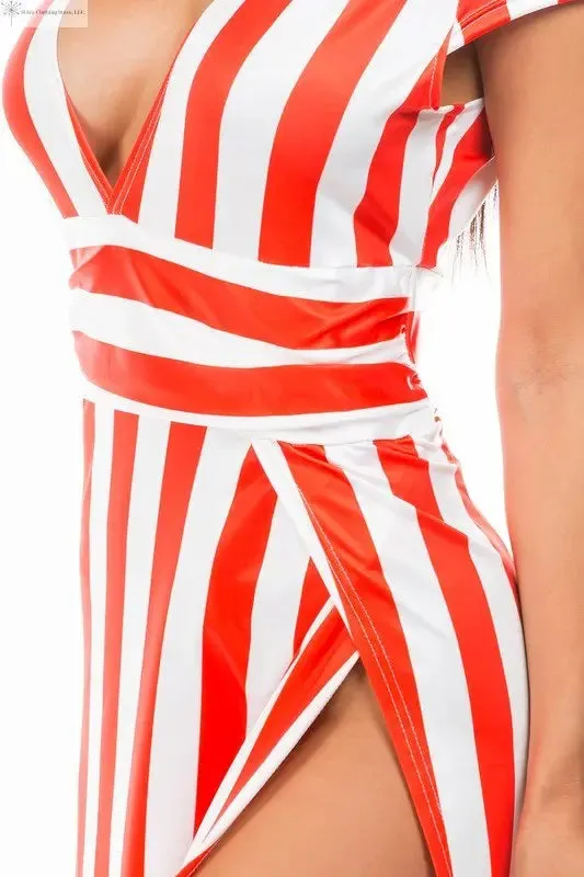 Red Maxi Dress with Stripes Side Slit