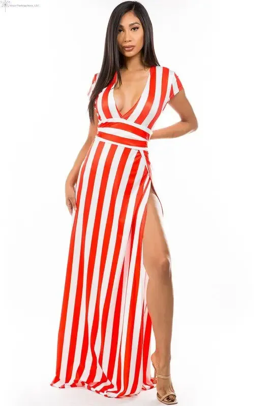 Red Maxi Dress with Stripes Side Slit