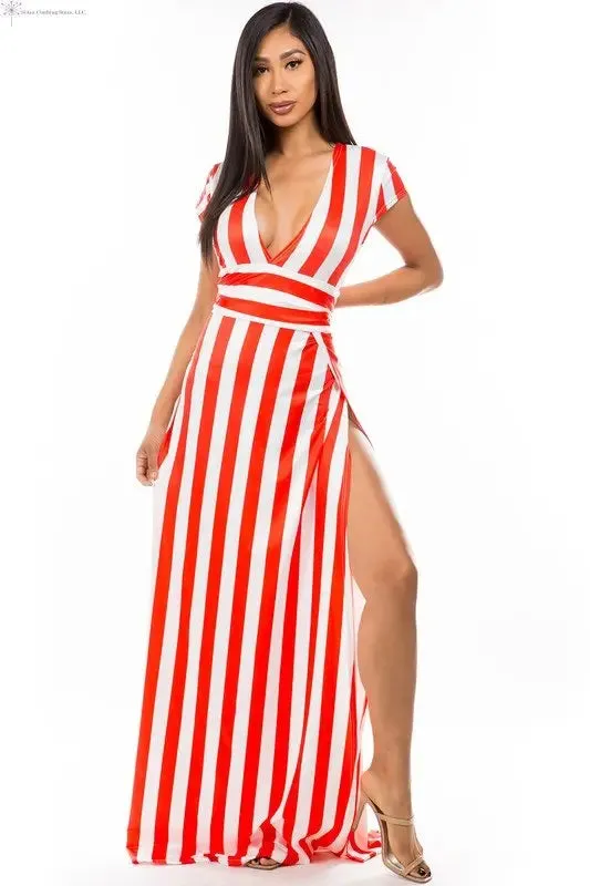 Red Maxi Dress with Stripes Side Slit