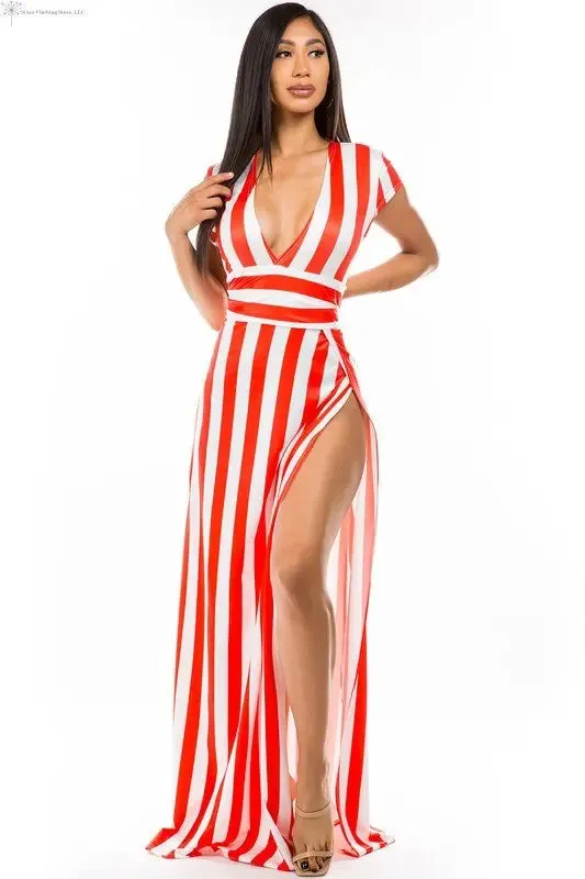 Red Maxi Dress with Stripes Side Slit