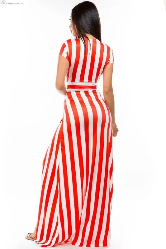 Red Maxi Dress with Stripes Side Slit