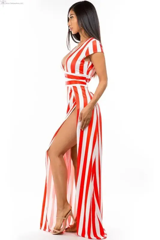 Red Maxi Dress with Stripes Side Slit