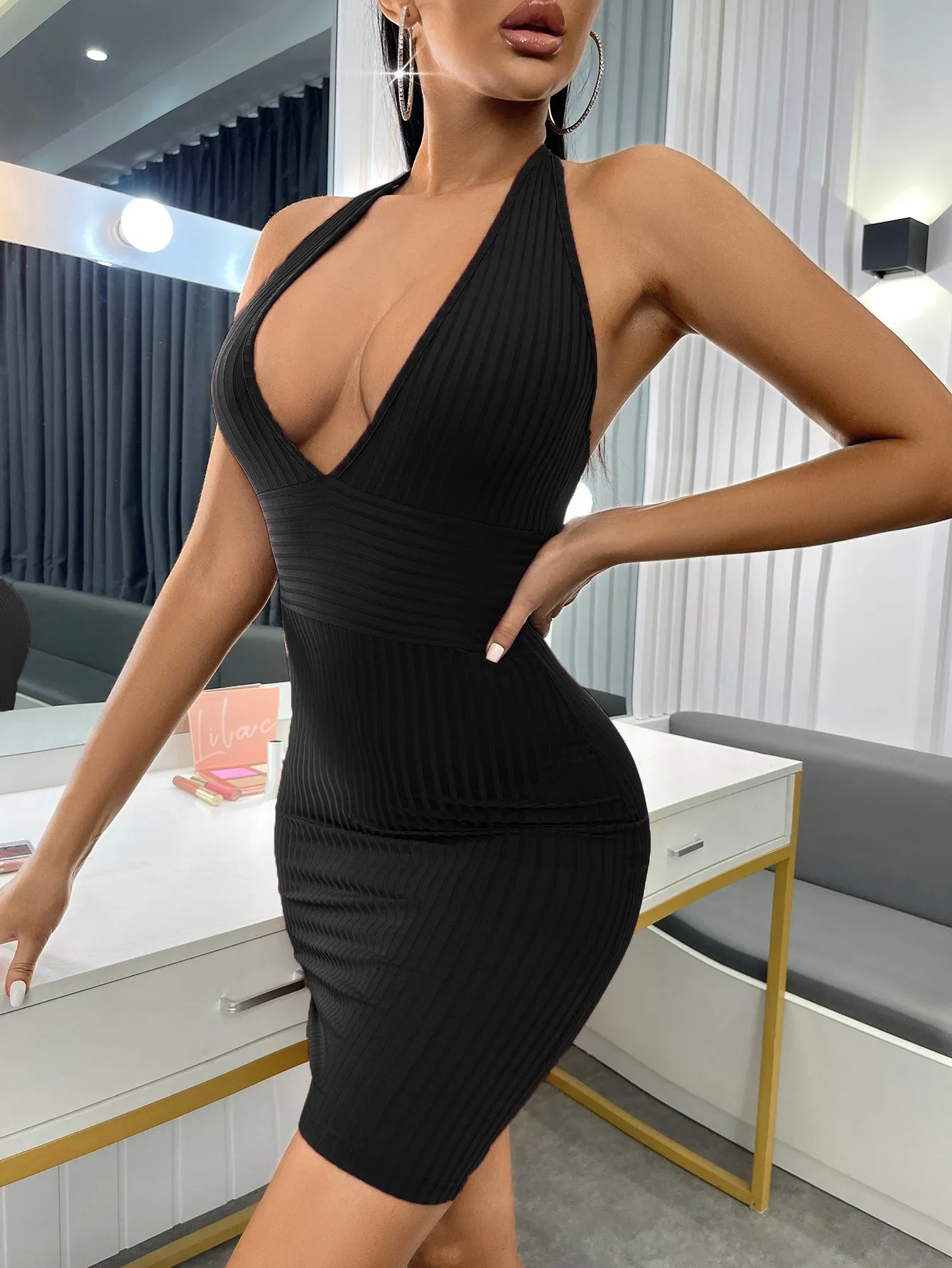 Ribbed Knit Backless Halter Bodycon Dress