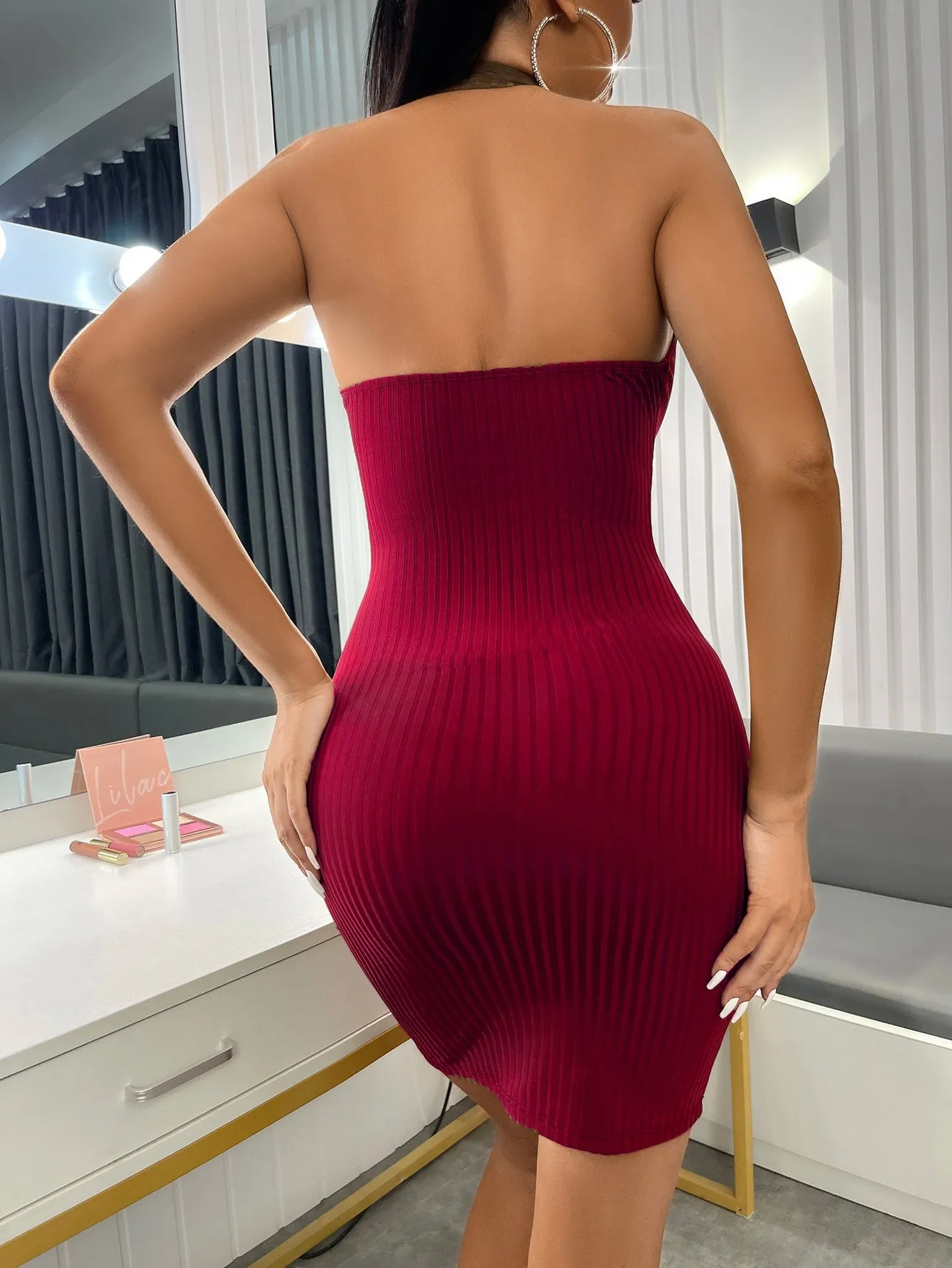 Ribbed Knit Backless Halter Bodycon Dress