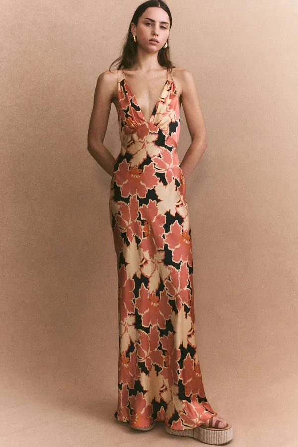 Rosa Silk Plunged Double Strap Maxi Dress