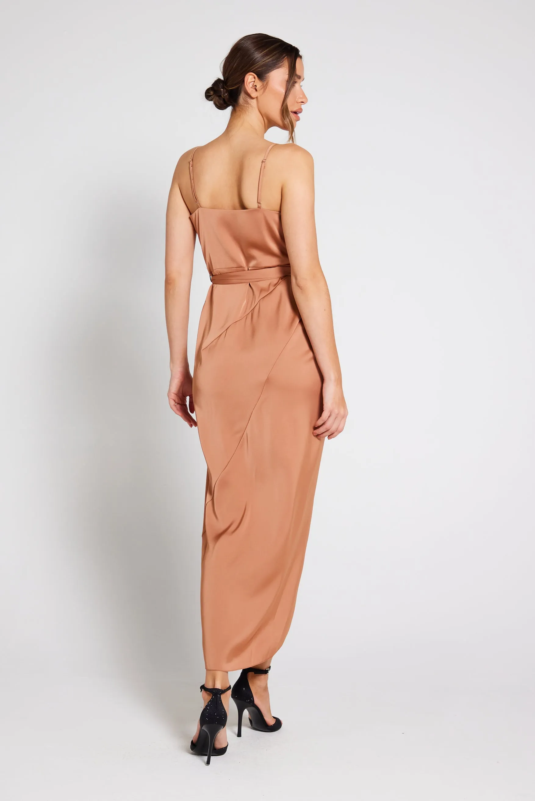 Rosa Tie Side Satin Cami Wrap Dress -Almond