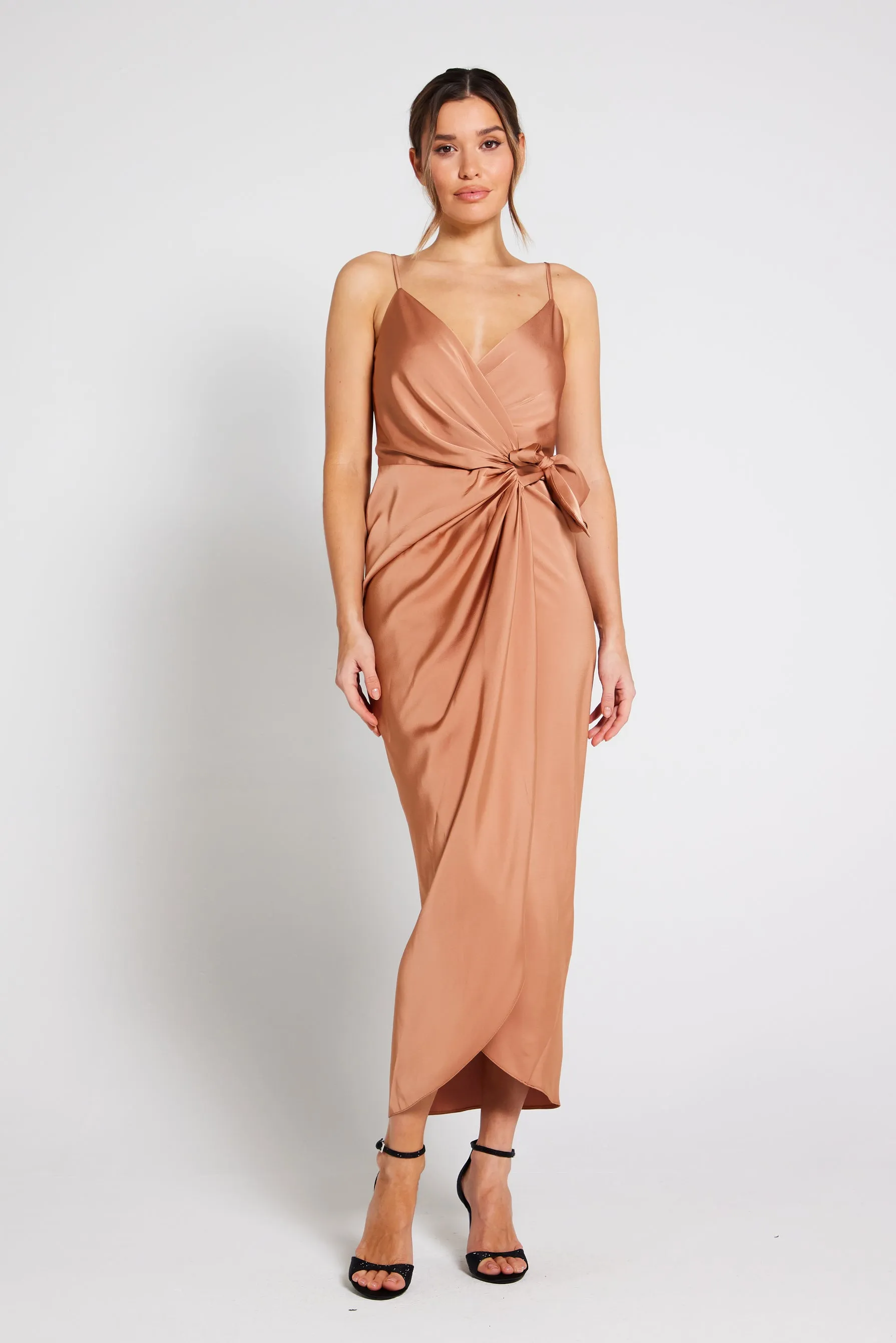 Rosa Tie Side Satin Cami Wrap Dress -Almond