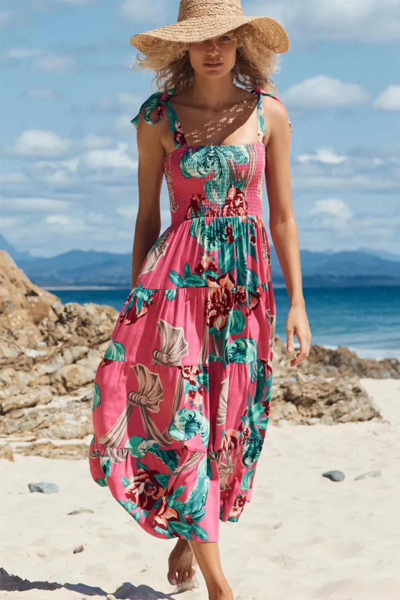 Ruched Bust Print Maxi Dress Tie Shoulder