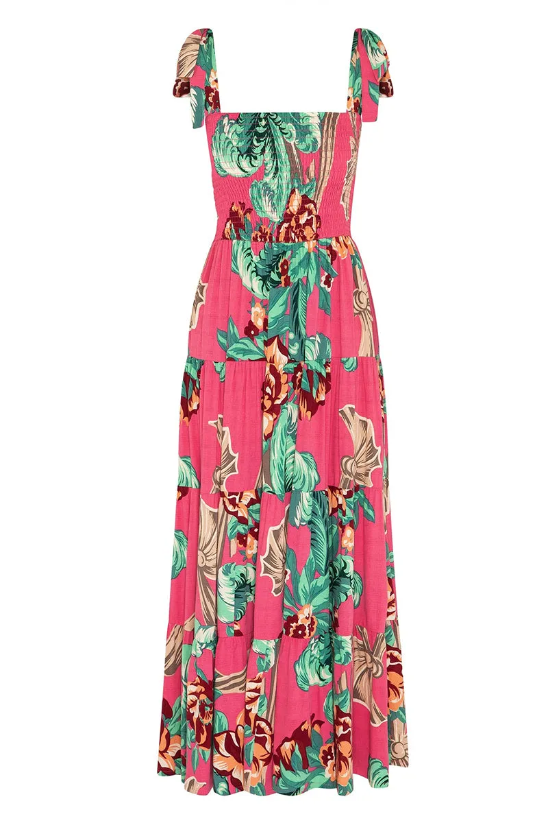 Ruched Bust Print Maxi Dress Tie Shoulder