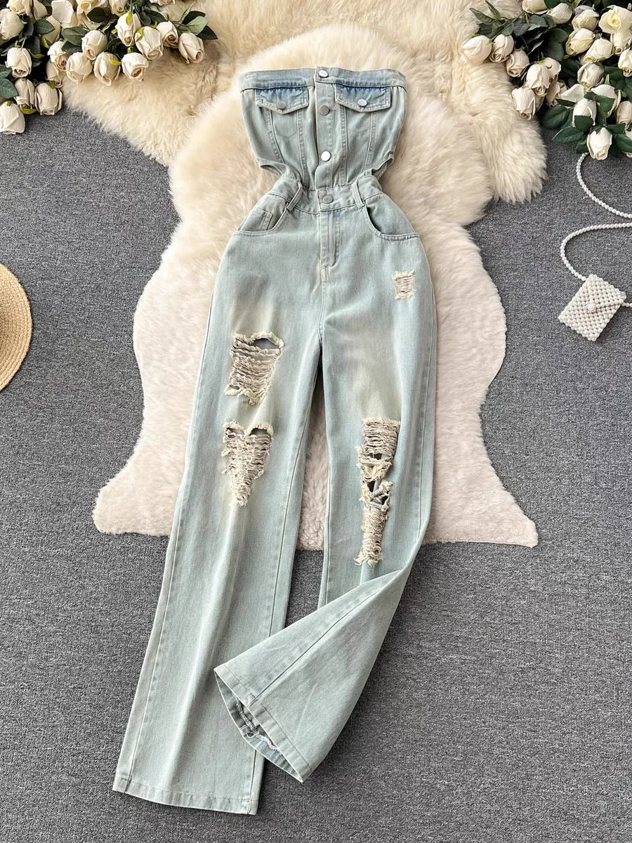 Ruhun Denim Tube Distressed Jumpsuit