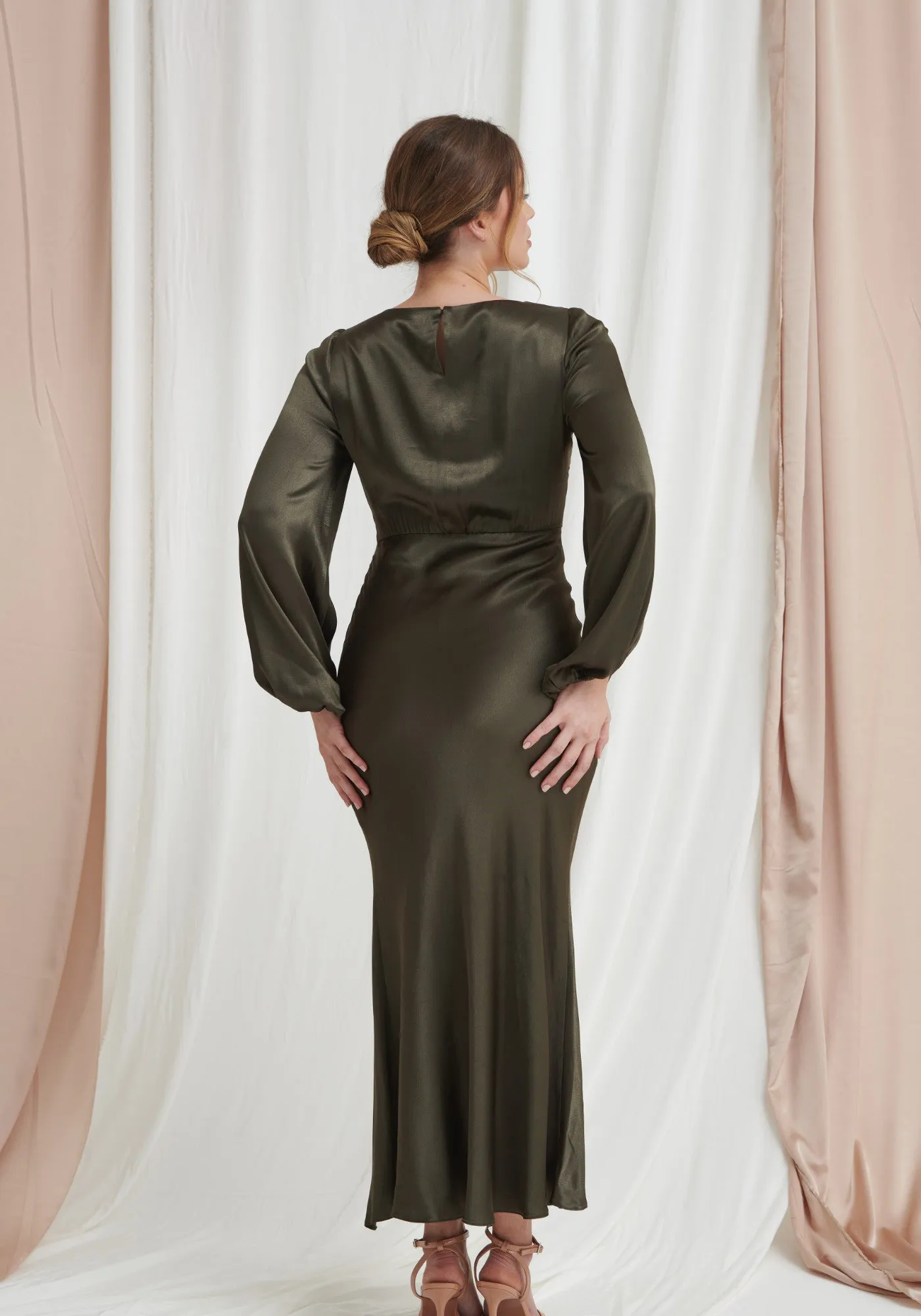 Sara Long Sleeve Split Satin Dress - Dark Olive