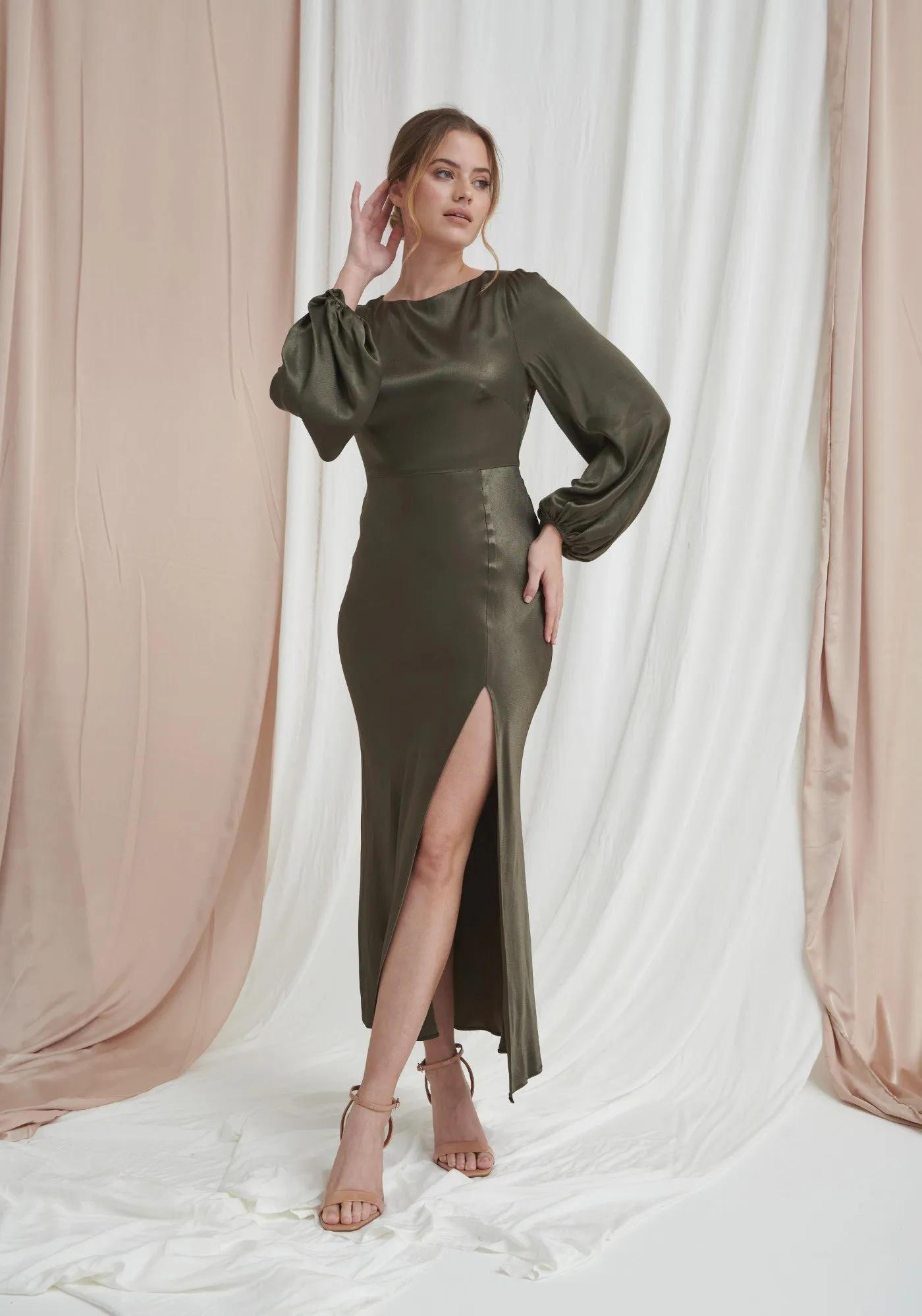 Sara Long Sleeve Split Satin Dress - Dark Olive