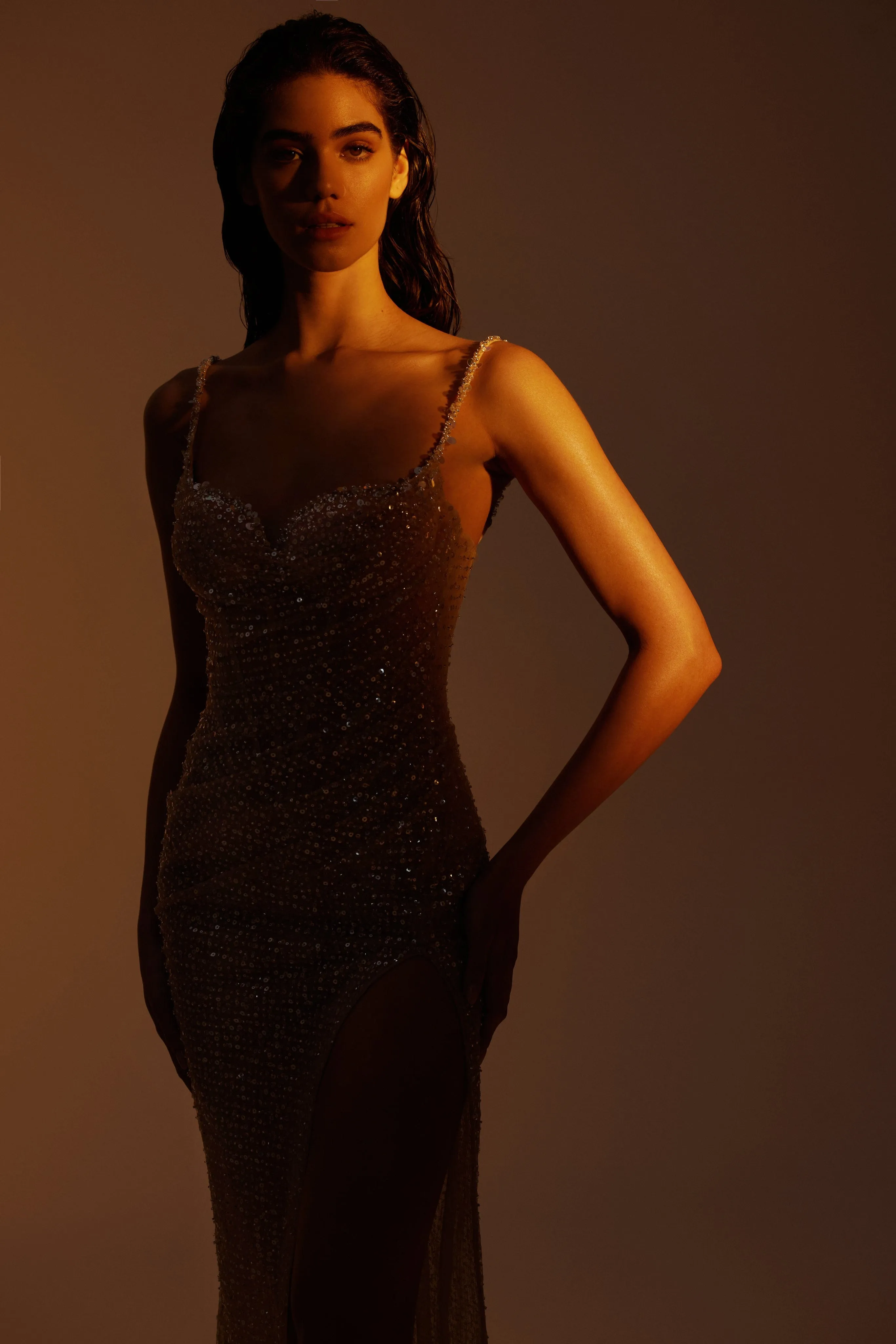 Sensational champagne gold crystal-embellished maxi dress on spaghetti straps