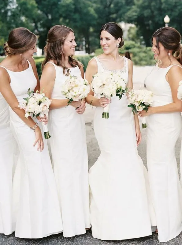 Sheath Round Neck Sleeveless White Satin Bridesmaid Dress