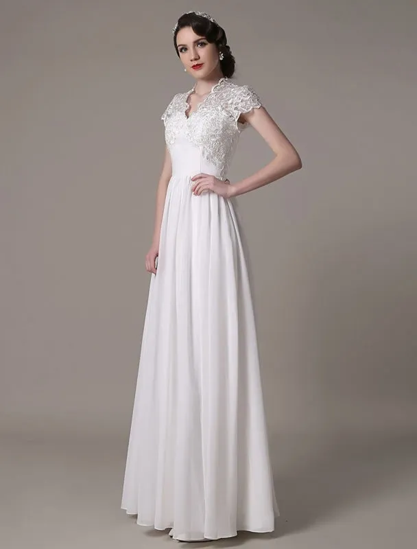 Sheath Wedding Dress V-Neck Lace Chiffon Pleated Floor Length Bridal Dress Exclusive