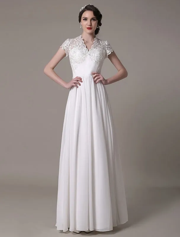 Sheath Wedding Dress V-Neck Lace Chiffon Pleated Floor Length Bridal Dress Exclusive