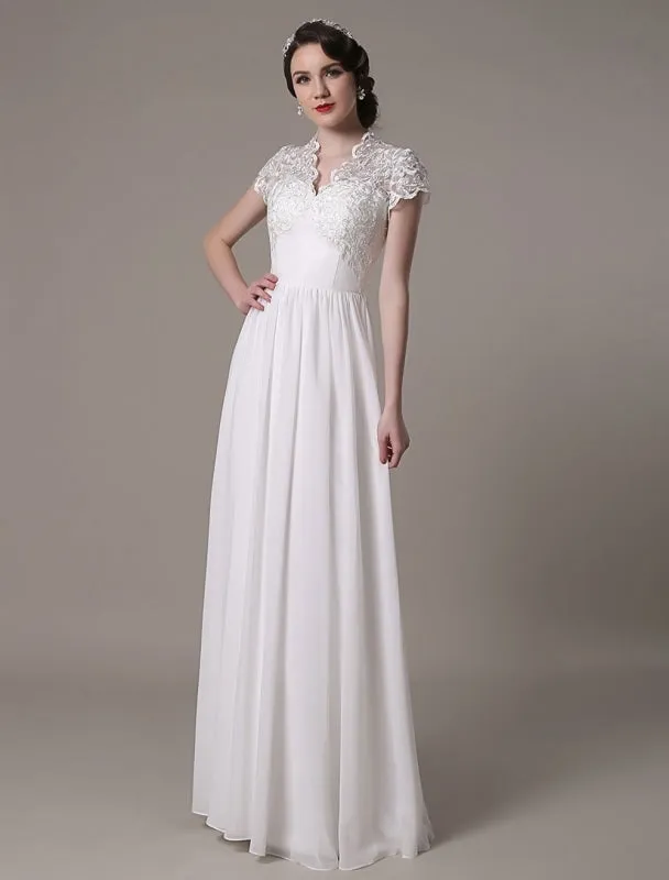 Sheath Wedding Dress V-Neck Lace Chiffon Pleated Floor Length Bridal Dress Exclusive