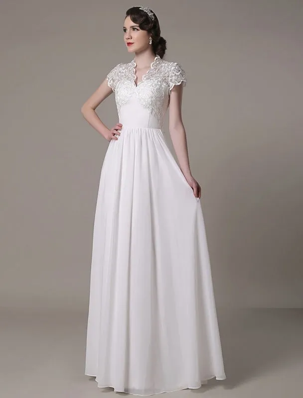 Sheath Wedding Dress V-Neck Lace Chiffon Pleated Floor Length Bridal Dress Exclusive