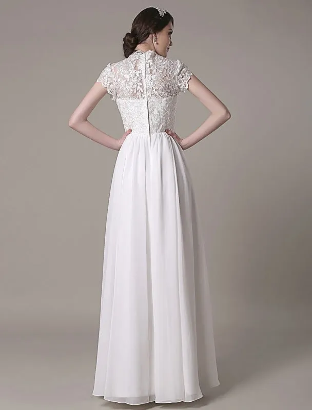 Sheath Wedding Dress V-Neck Lace Chiffon Pleated Floor Length Bridal Dress Exclusive